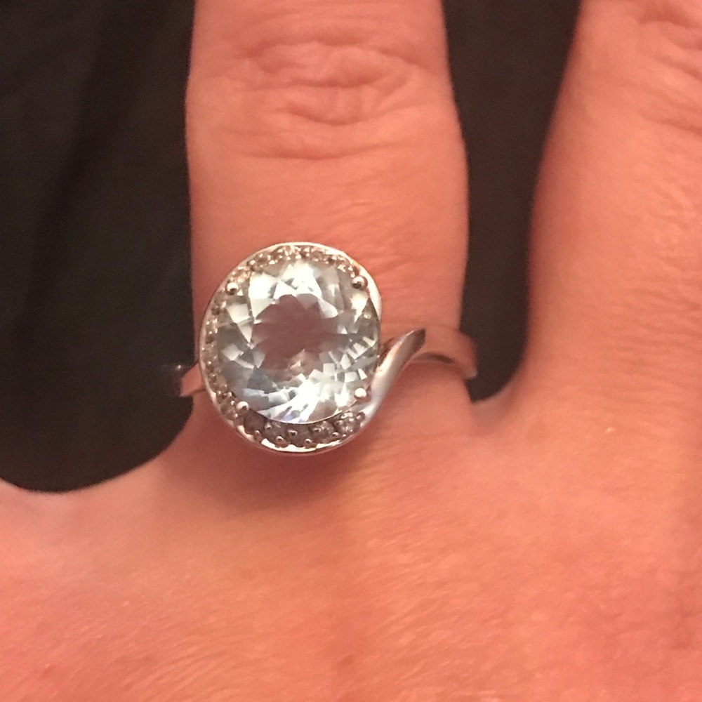 Natural aquamarine with diamond halo ring 14kt WG